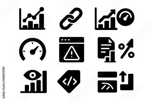 SEO Analytics Icons. Solid style icons of SEO analytics: keyword ranking chart, backlinks icon, domain authority graph, organic