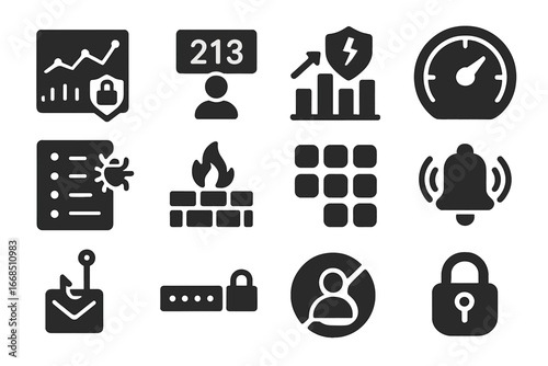 Cybersecurity Icon Set. Solid style icons of cybersecurity statistics: threat detection chart, login attempt count, breach report