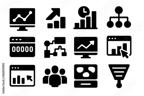 Web Analytics Icons. Solid style icons of web analytics: traffic chart, bounce rate icon, session duration bar, referral sources,