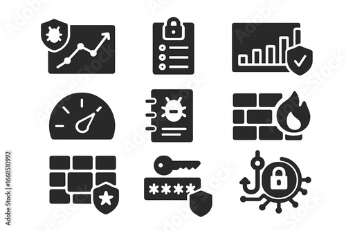 Cybersecurity Icon Set. Solid style icons of cybersecurity statistics: threat detection chart, login attempt count, breach report