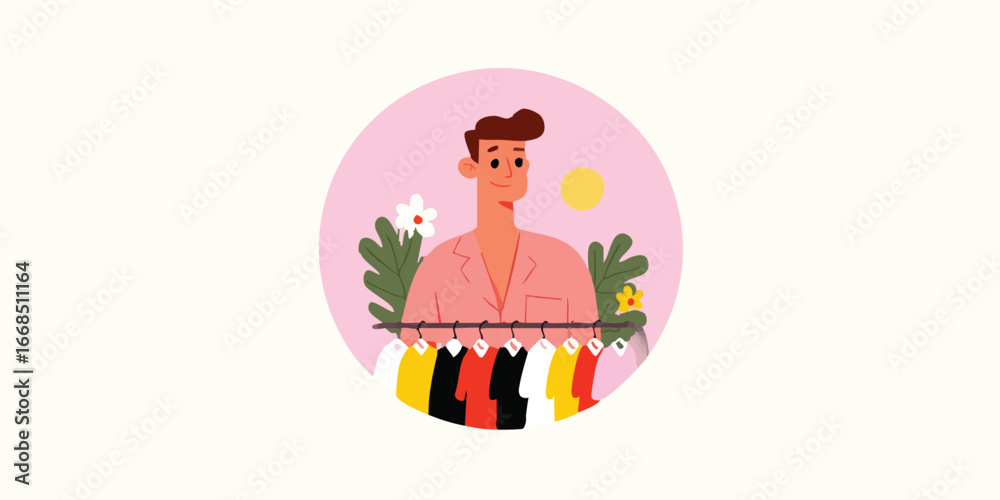 Naklejka premium A fashionable man stands confidently near a clothing rack, with a stylized backdrop, perfect for advertising or fashion.