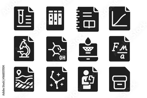 Scientific Data Icons. Solid style icons of scientific data: lab report icon, experimental dataset, data logbook, calibration