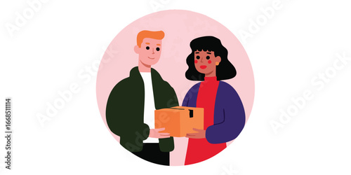 A cheerful illustration of a friendly person handing over a package, symbolizing delivery and customer service.