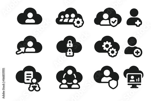 Cloud User Icons. Solid style icons of cloud user management: user icon cloud, group settings, admin role icon, user provisioning,