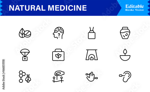 Natural Medicine Line Icon Set  Professional Minimalist Vector Collection Featuring Herbal Therapy, Holistic Healing, Organic Health,with Clean Modern Design