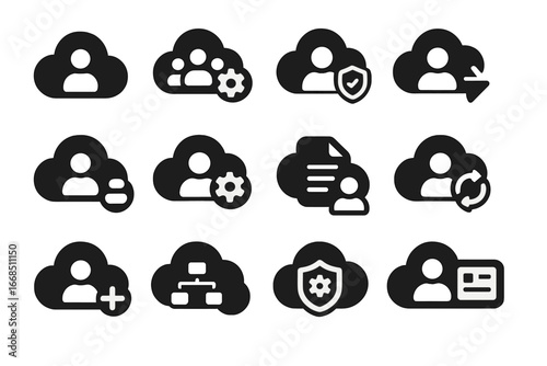 Cloud User Icons. Solid style icons of cloud user management: user icon cloud, group settings, admin role icon, user provisioning,