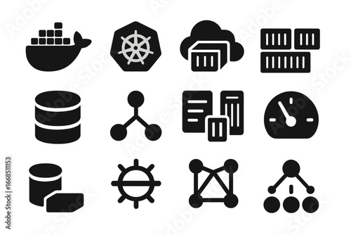 Container Cloud Icons. Solid style icons of containerized cloud: Docker icon, Kubernetes pod, container in cloud, container