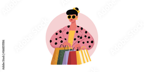 A stylish woman in sunglasses, clutching colorful shopping bags, embodies the joy of retail therapy. the colorful illustration exudes sophistication and trendiness.