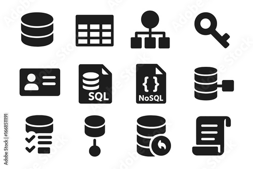 Database Icon Set. Solid style icons of database storage: DB icon, row and column, indexed data icon, key-value store, record icon