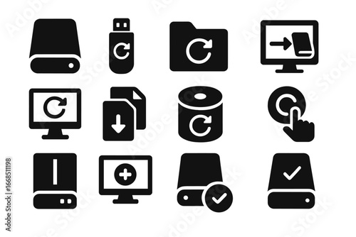 Local Backup Icons. Solid style icons of local backup: external hard drive, USB backup icon, local archive folder, PC-to-drive
