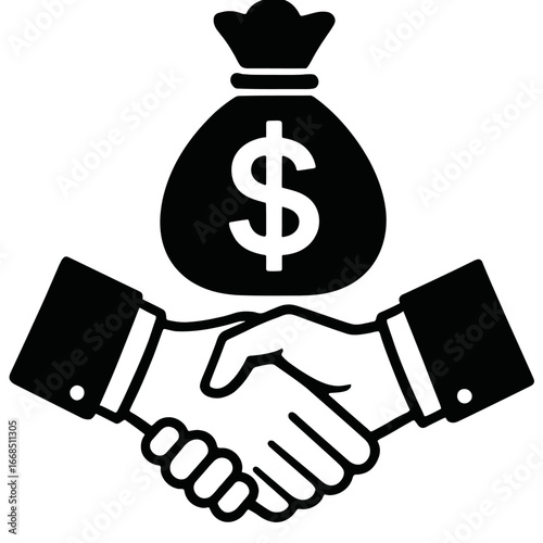 Handshake with Money Bag Symbolizing a Profitable Business Deal or Investment