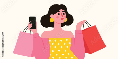 A vibrant illustration captures a fashionable woman enjoying a shopping spree, balancing her phone and shopping bags with chic confidence.