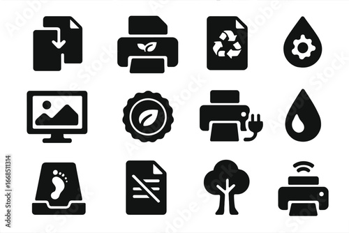 Eco Printing Icons. Solid style icons of eco-friendly printing: duplex icon, eco leaf printer, recycled paper icon, toner save