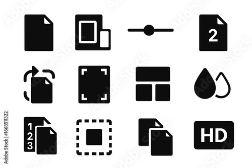 Print Settings Icons. Solid style icons of print settings: paper size icon, orientation icon, print quality slider, number of