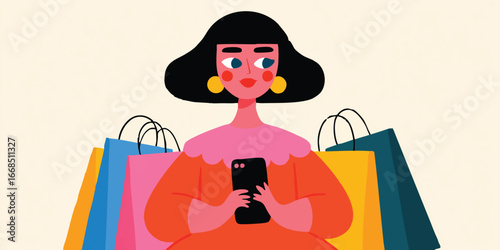 A stylish woman is absorbed in online shopping on her phone, surrounded by colorful shopping bags, embodying modern convenience and fashion.