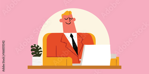 An illustration depicting a relaxed man in a sleek office setting, exuding confidence and focus. Dressed in an orange suit, he sits at a desk with a paper.