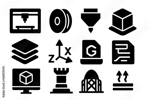 3D Printing Icons. Solid style icons of 3D printing: 3D printer icon, filament spool, printing nozzle, 3D model on bed, layer icon