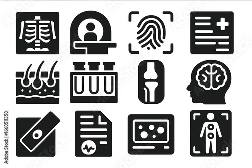 Medical Scanning Icons. Solid style icons of medical and scientific scanning: X-ray scan icon, MRI scanner, fingerprint scan, lab
