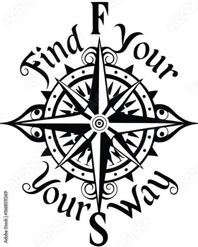 T-shirt Design of a Compass Rose Illustration Guiding Towards Self Discovery and Finding Your Way in Life's Journeys and Choices