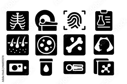 Medical Scanning Icons. Solid style icons of medical and scientific scanning: X-ray scan icon, MRI scanner, fingerprint scan, lab
