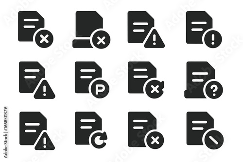 Failed Copy Icons. Solid style icons of failed and restricted copies: copy error icon, access denied tray, file conflict warning,
