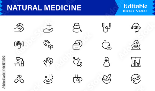 Natural Medicine Line Icon Set  Professional Minimalist Vector Collection Featuring Herbal Therapy, Holistic Healing, Organic Health,with Clean Modern Design