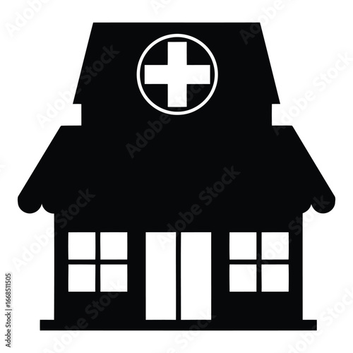 Modern hospital building silhouette with medical cross symbol on roof for healthcare services