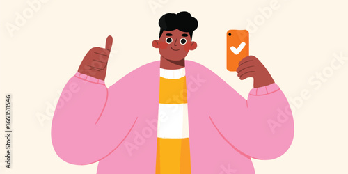 An illustration showing a confident young man holding his mobile phone, and making a thumb gesture, a visual representation of success.