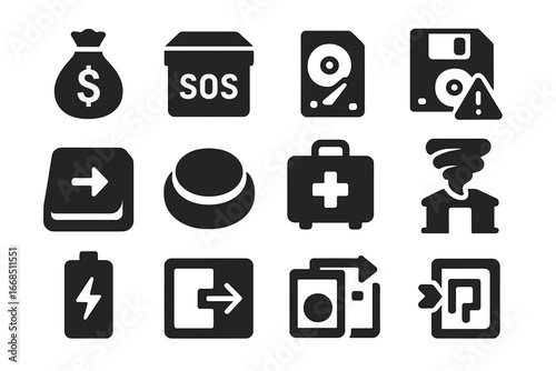 Emergency Save Icons. Solid style icons of emergency saving: emergency fund, SOS box, urgent backup, critical data icon, quick
