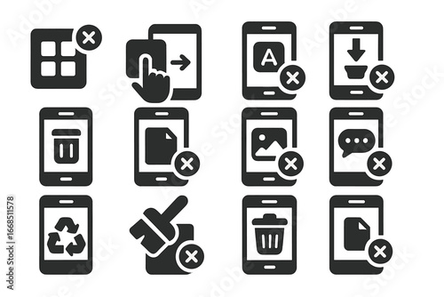 Mobile Deletion Icons. Solid style icons of mobile deletion actions: delete app icon, swipe to delete, app uninstall, clear