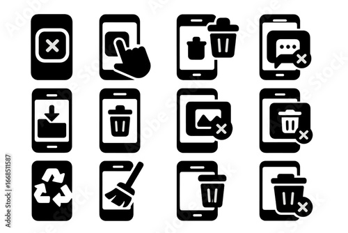 Mobile Deletion Icons. Solid style icons of mobile deletion actions: delete app icon, swipe to delete, app uninstall, clear