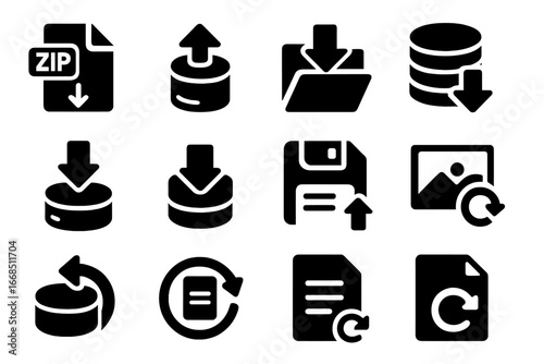Backup Icons Collection. Solid style icons of backup and archive import: ZIP file import, TAR restore icon, archive folder unpack,