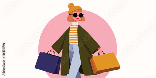 A stylish fashionista steps out of a chic shop. With fashionable attire, sunglasses, and carrying shopping bags she is ready to explore the city.