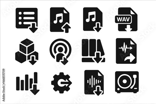 Music Import Icons. Solid style icons of music and audio import: import playlist, song file upload, audio file arrow, WAV file