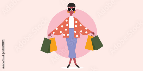 A stylish woman embraces retail therapy, flaunting shopping bags against a playful backdrop, presenting a contemporary illustration of retail fun.