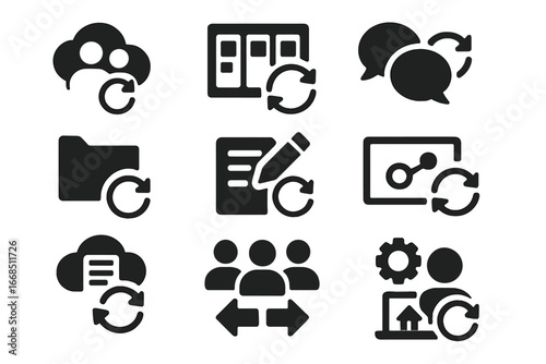 Workplace Sync Icons. Solid style icons of workplace sync tools: coworker cloud icon, project board sync, team chat refresh,