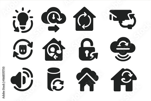 Smart Home Sync Icons. Solid style icons of smart home sync: smart light sync, thermostat cloud icon, home device arrows, synced