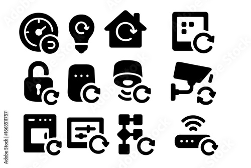 Smart Home Icons. Solid style icons of smart home refresh: smart thermostat update, home hub sync, lighting system refresh, device