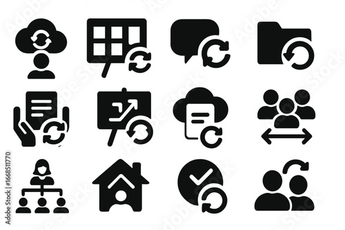 Workplace Sync Icons. Solid style icons of workplace sync tools: coworker cloud icon, project board sync, team chat refresh,