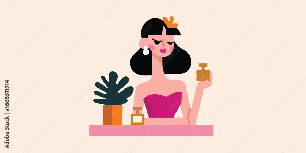 Fototapeta premium A stylized depiction of a woman elegantly holding perfume, exuding sophistication and allure in a vibrant visual.