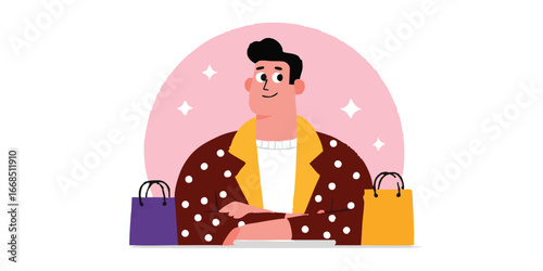 A well-dressed shopper, surrounded by shopping bags, radiates confidence and satisfaction, the pink backdrop adding a touch of warmth to the scene. 