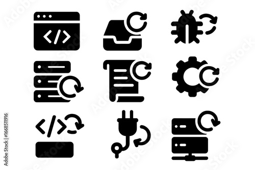 Development Tools Icons. Solid style icons of development environment restart: code editor restart icon, IDE refresh tray,