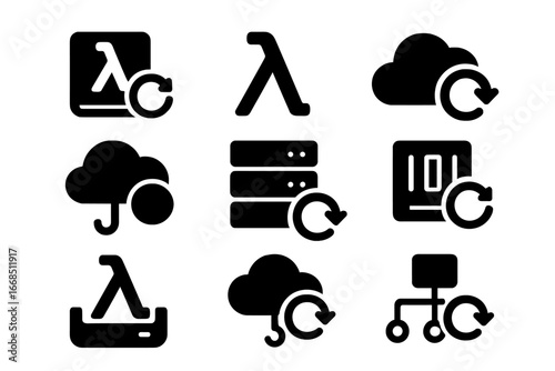 Cloud Services Icons. Solid style icons of serverless and cloud restart: function instance restart, lambda refresh icon, cloud