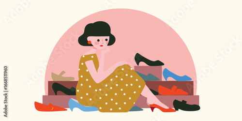 A stylish woman in a chic dress considers her next shoe purchase, surrounded by an array of footwear on display. She is immersed in the moment, contemplating her fashion options. 