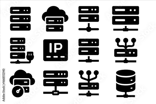 Server Network Icons. Solid style icons of server networks: server rack icon, cloud server tray, data center symbol, hosting