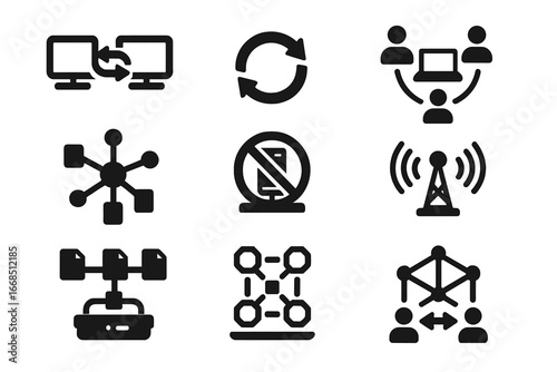 P2P Network Icons. Solid style icons of peer-to-peer networks: two devices with arrows, direct sync icon, local sharing symbol,