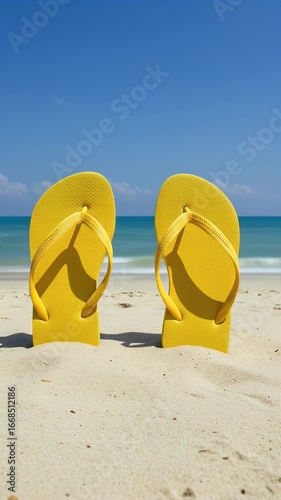 Yellow Flip Flops On Sandy Beach With Blue Ocean Background Realistic Summer Scene