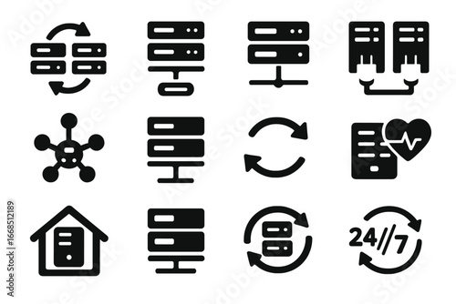 Solid Server Icons. Solid style icons of high availability servers: failover icon, redundant server symbol, mirrored rack tray,
