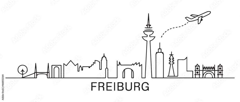Obraz premium Freiburg Skyline Line Art with Plane Travel, and Germany. with white background