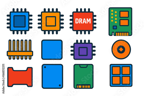 SSD Component Icons. Flat vector icons of SSD Components: NAND flash chip, SSD controller, DRAM cache, PCB board, connector pins,